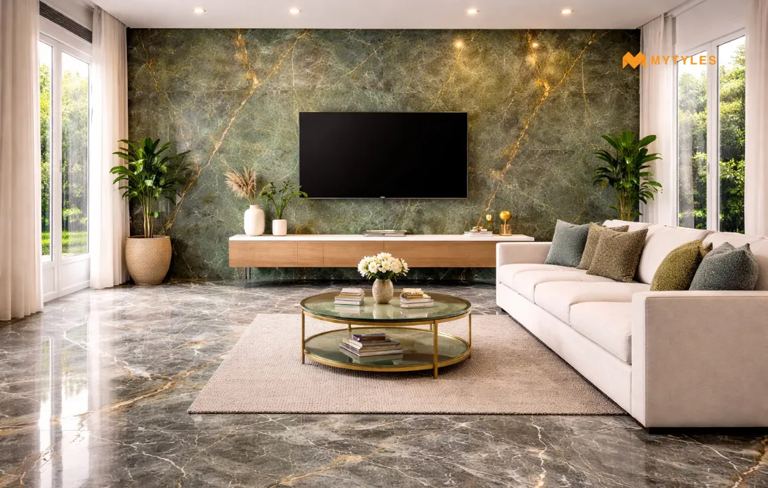 Marble Finish Tiles in Floor and Wall of the Living Room
